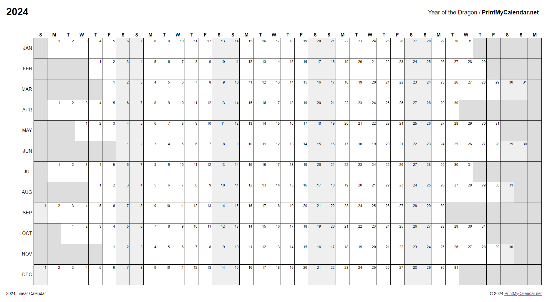 Preview image of 2024 full-year on one page, linear calendar with light gray colors for business or office wall